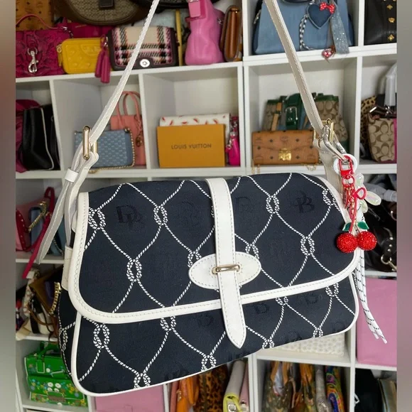 Dooney & Bourke Nautical Rope Navy Canvas & White Leather Monogram Shoulder Bag